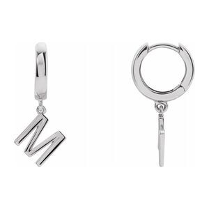 Single, 14k White Gold Initial M Dangle Hoop Earring, 8.5 x 21mm